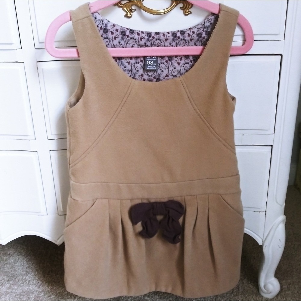 Zara Kids Girls Tan Sleeveless Jumper Dress Bow Accent Pockets Sz 2-3 Years 98cm